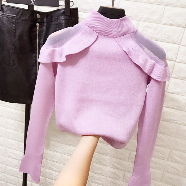 Μοντέρνο γυναικείο πουλόβερ  με ψηλό γιακά και τούλι στους ώμους σε λευκό, μαύρο, πράσινο και μοβ χρώμα