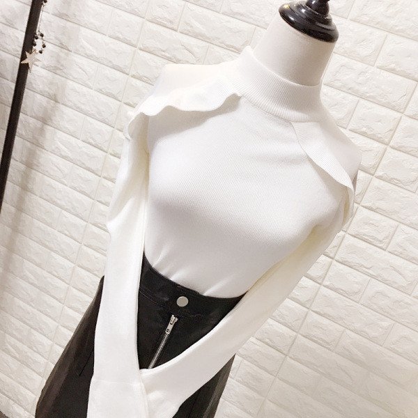 Μοντέρνο γυναικείο πουλόβερ  με ψηλό γιακά και τούλι στους ώμους σε λευκό, μαύρο, πράσινο και μοβ χρώμα