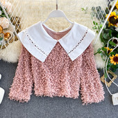 Γυναικείο χνουδοτό  πουλόβερ με κολάρο σε ροζ, άσπρο και μαύρο χρώμα