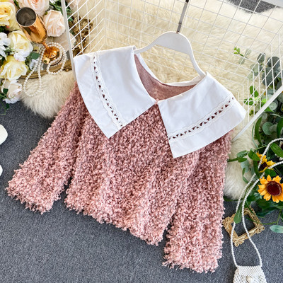 Γυναικείο χνουδοτό  πουλόβερ με κολάρο σε ροζ, άσπρο και μαύρο χρώμα