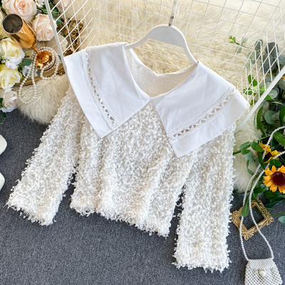 Γυναικείο χνουδοτό  πουλόβερ με κολάρο σε ροζ, άσπρο και μαύρο χρώμα