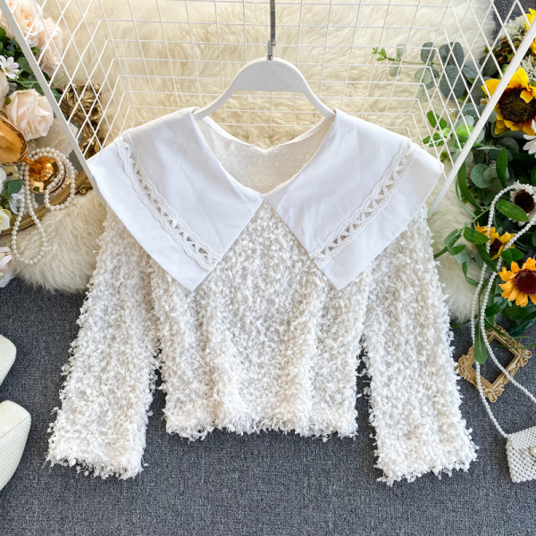 Γυναικείο χνουδοτό  πουλόβερ με κολάρο σε ροζ, άσπρο και μαύρο χρώμα