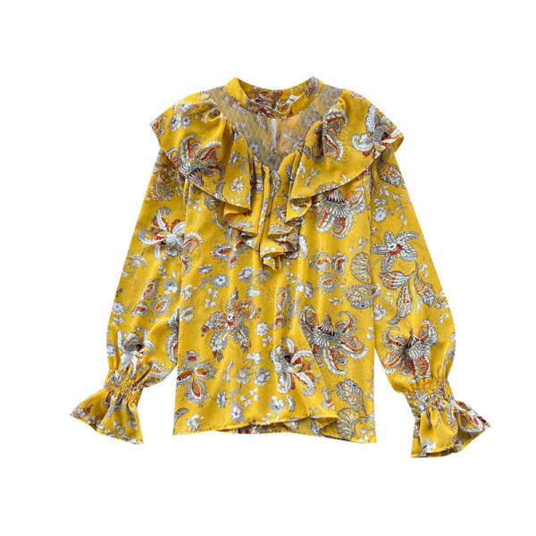 Μοντέρνα γυναικεία μπλούζα με  τύπωμα λουλούδια  και μακριά μανίκια σε ροζ, λευκό και κίτρινο χρώμα