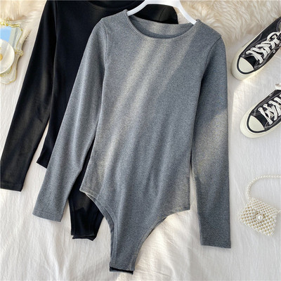 Γυναικείο casual κορμάκι με ωοειδές λαιμόκοψη και μακρύ μανίκι μαύρο, γκρι και κόκκινο χρώμα