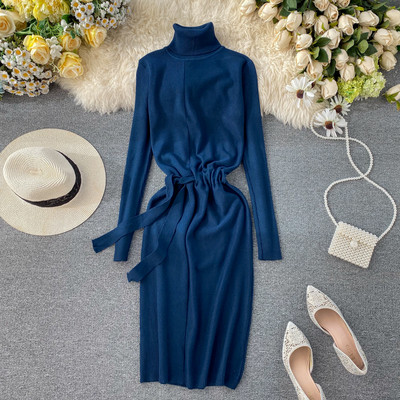 Καθημερινό γυναικείο φόρεμα με υψηλό γιακά και ελαστική μέση