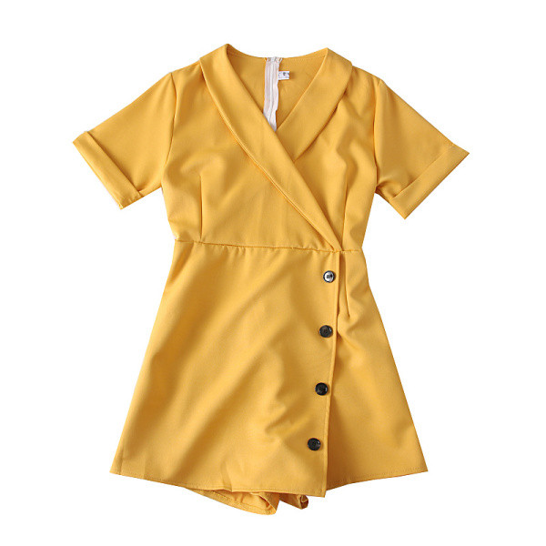 Γυναικεία κοντύ ολόσωμη φόρμα με λαιμόκοψη και κουμπιά σε πράσινο, μπορντό, μαύρο και κίτρινο χρώμα