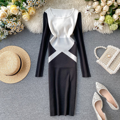 Casual γυναικείο φόρεμα με μακριά μανίκια και στρογγυλό λαιμόκοψη