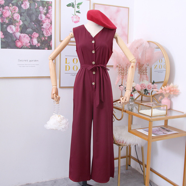 Női overál gombokkal és övvel zöld, sárga, fekete és bordó színben