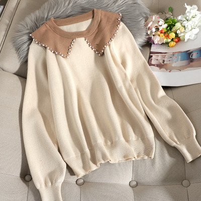 Casual Γυναικείο πουλόβερ με μακριά μανίκια με οβάλ λαιμόκοψη και χάντρες σε διάφορα χρώματα