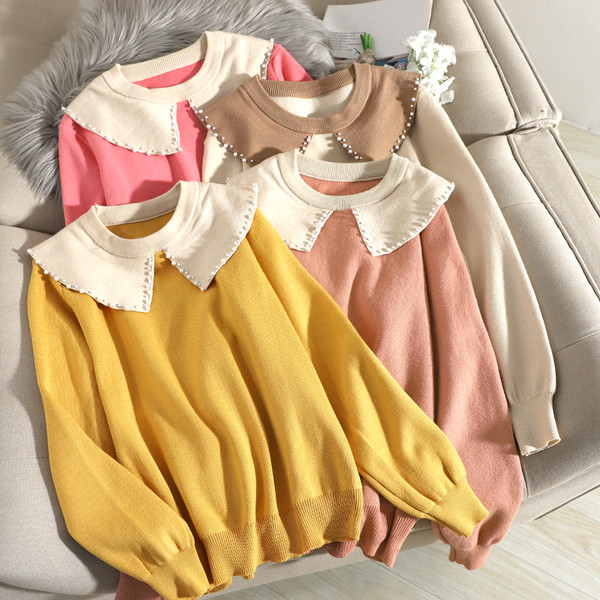 Casual Γυναικείο πουλόβερ με μακριά μανίκια με οβάλ λαιμόκοψη και χάντρες σε διάφορα χρώματα