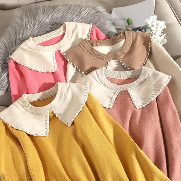 Casual Γυναικείο πουλόβερ με μακριά μανίκια με οβάλ λαιμόκοψη και χάντρες σε διάφορα χρώματα