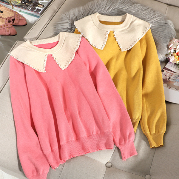 Casual Γυναικείο πουλόβερ με μακριά μανίκια με οβάλ λαιμόκοψη και χάντρες σε διάφορα χρώματα