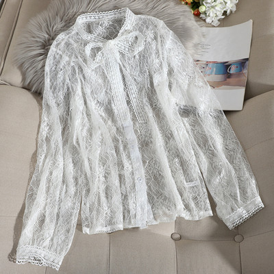 Καθημερινό γυναικείο πουκάμισο από δαντέλα με κορδέλα και μακρύ μανίκι σε διάφορα χρώματα