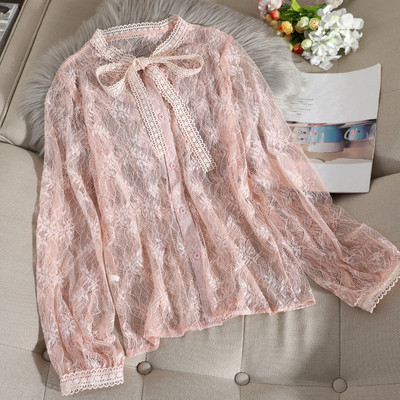 Καθημερινό γυναικείο πουκάμισο από δαντέλα με κορδέλα και μακρύ μανίκι σε διάφορα χρώματα