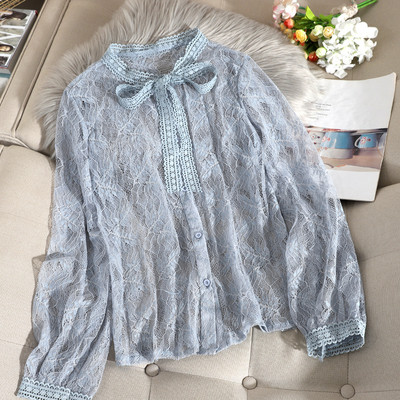 Καθημερινό γυναικείο πουκάμισο από δαντέλα με κορδέλα και μακρύ μανίκι σε διάφορα χρώματα