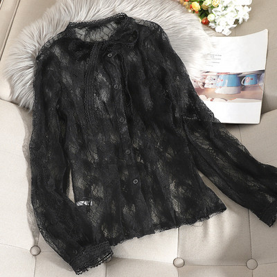 Καθημερινό γυναικείο πουκάμισο από δαντέλα με κορδέλα και μακρύ μανίκι σε διάφορα χρώματα