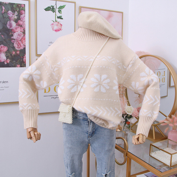 Νέο μοντέλο γυναικείο πουλόβερ με floral μοτίβα και κολάρο σε κόκκινο, μπεζ, πράσινο και μπλε χρώμα