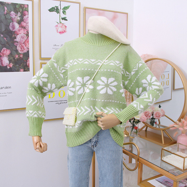 Νέο μοντέλο γυναικείο πουλόβερ με floral μοτίβα και κολάρο σε κόκκινο, μπεζ, πράσινο και μπλε χρώμα