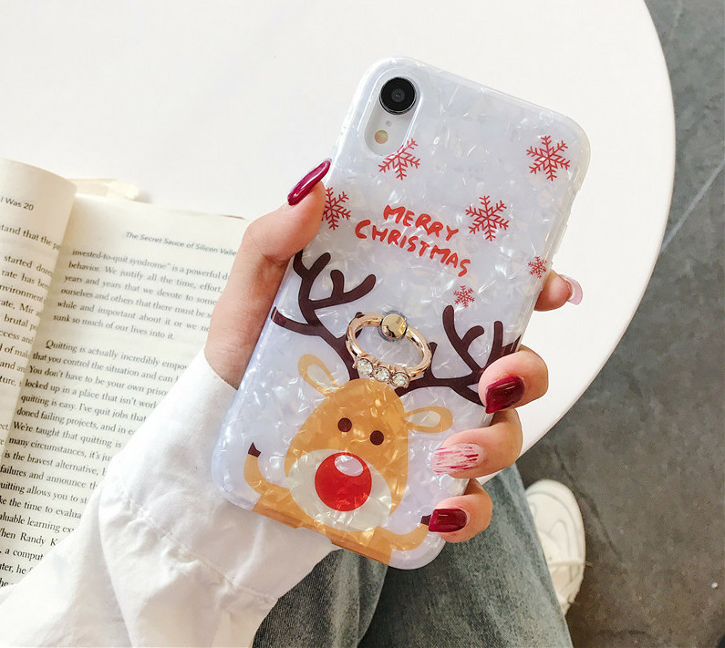 Θήκη σιλικόνης με μοτίβο Χριστουγέννων, ελάφια και αρκούδακι + μεταλλικό δακτύλιο για το Iphone XR