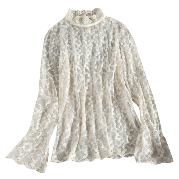 Lezser női csipkeblúz magas gallérral, fehér és bézs színben