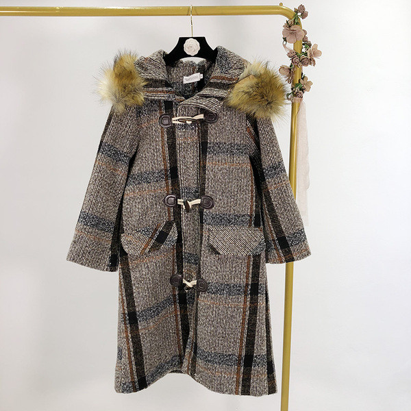 Μακρύ καρό παλτό με κουμπιά και κουκούλα
