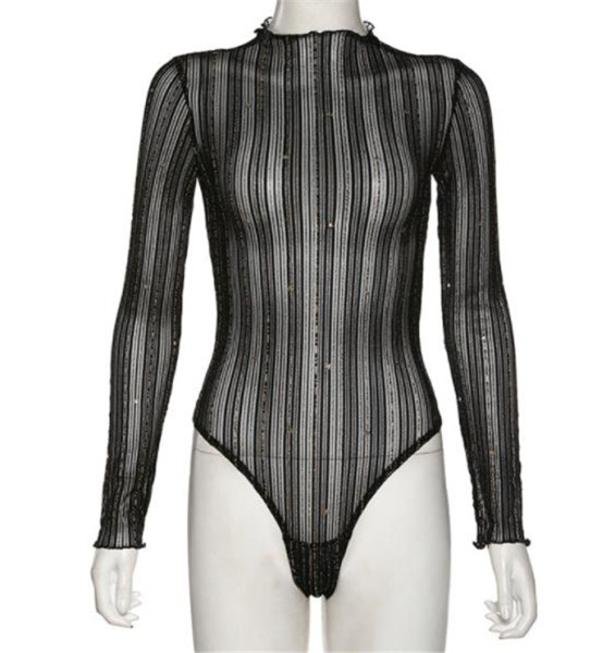 Μοντέρνο γυναικείο κορμάκι με κομψό στοιχείο, υψηλό κολάρο και μακρύ μανίκι σε μαύρο χρώμα