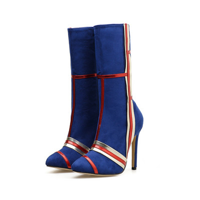 Modern női csizma vékony sarokkal és cipzárral kék és fekete színben