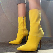 Νέο μοντέλο γυναικείες μπότες μοντέλου με λεπτό τακούνι και φερμουάρ σε κίτρινο και μπλε χρώμα