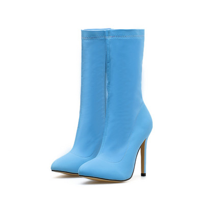 Νέο μοντέλο γυναικείες μπότες μοντέλου με λεπτό τακούνι και φερμουάρ σε κίτρινο και μπλε χρώμα