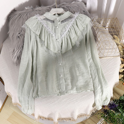 Μοντέρνο γυναικείο πουκάμισο με δαντέλα και κουμπιά σε πράσινο, ροζ, λευκό και μαύρο χρώμα