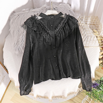 Μοντέρνο γυναικείο πουκάμισο με δαντέλα και κουμπιά σε πράσινο, ροζ, λευκό και μαύρο χρώμα