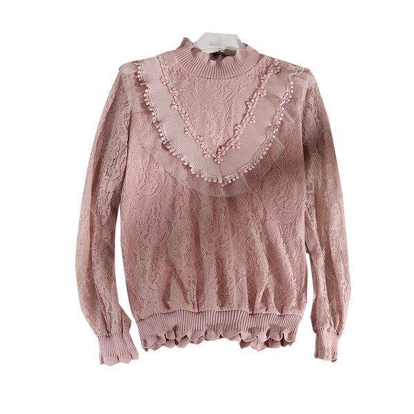 Μοντέρνα γυναικεία μπλούζα με ψηλό κολάρο και δαντέλα σε πέντε χρώματα