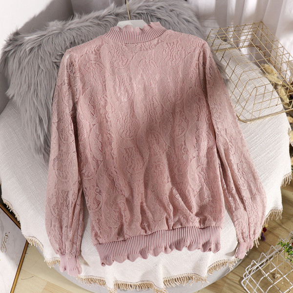 Μοντέρνα γυναικεία μπλούζα με ψηλό κολάρο και δαντέλα σε πέντε χρώματα