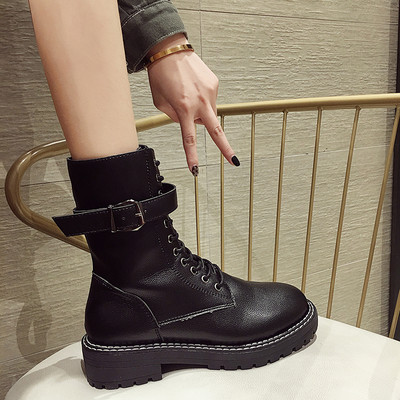 Καθημερινές γυναικείες μπότες από οικολογικό δέρμα με φερμουάρ και κορδόνια σε μαύρο χρώμα