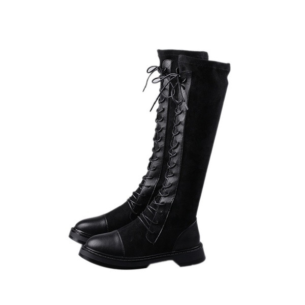 Női alkalmi térdcsizma öko bőrből és eko velúrból készült fűzővel