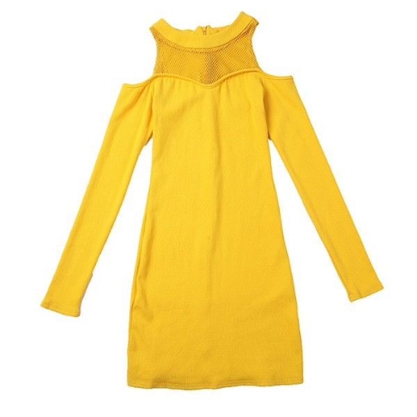 Elegant Lady Dress με γυμνό ώμους και μακρύ μανίκι σε μαύρο και κίτρινο χρώμα