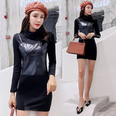 Stílusos női ruha eko bőrből, hosszú ujjú fekete színben