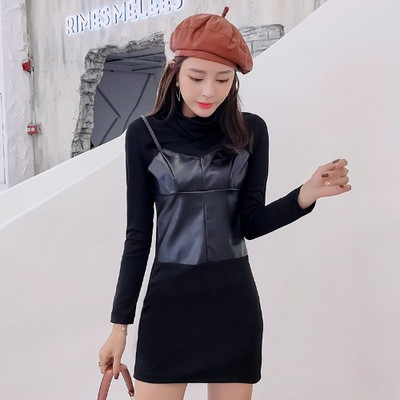 Stílusos női ruha eko bőrből, hosszú ujjú fekete színben