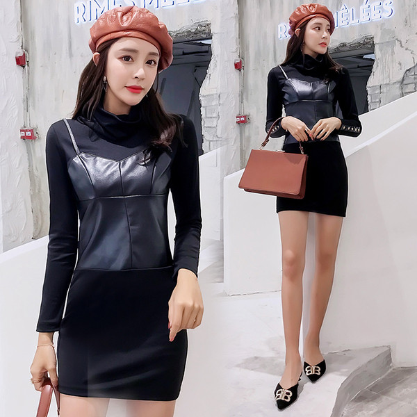 Stílusos női ruha eko bőrből, hosszú ujjú fekete színben