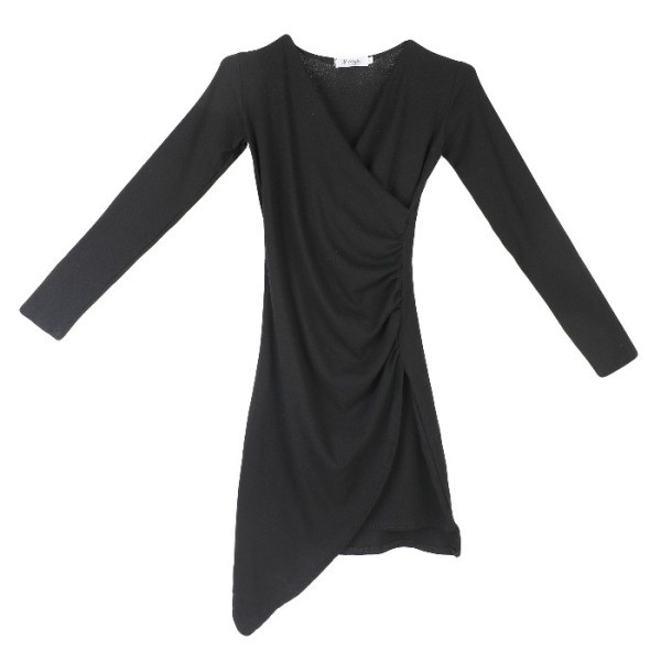 Modern női aszimmetrikus ruha spitz nyakkivágással és hosszú ujjú szürke és fekete színben