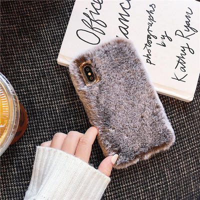 Χνουδοτή θήκη για Iphone X / XS σε καφέ και ροζ χρώμα