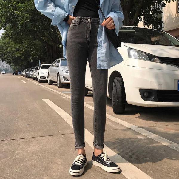 Női farmer szürke színben Slim modell és magas derék