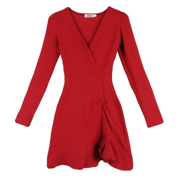 Modern női ruha spitz nyakkivágással, hosszú ujjú fekete és piros színben