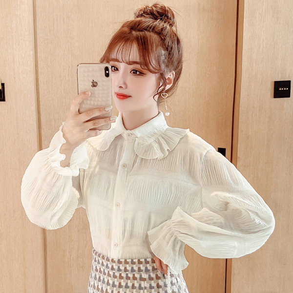 Cămașă plisată de damă în alb și negru, cu mâneci lungi