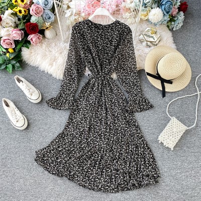 Modern női sifon ruha virágmintás, hosszú ujjú több színben