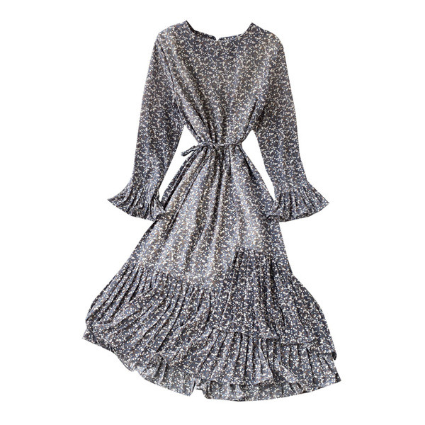 Modern női sifon ruha virágmintás, hosszú ujjú több színben