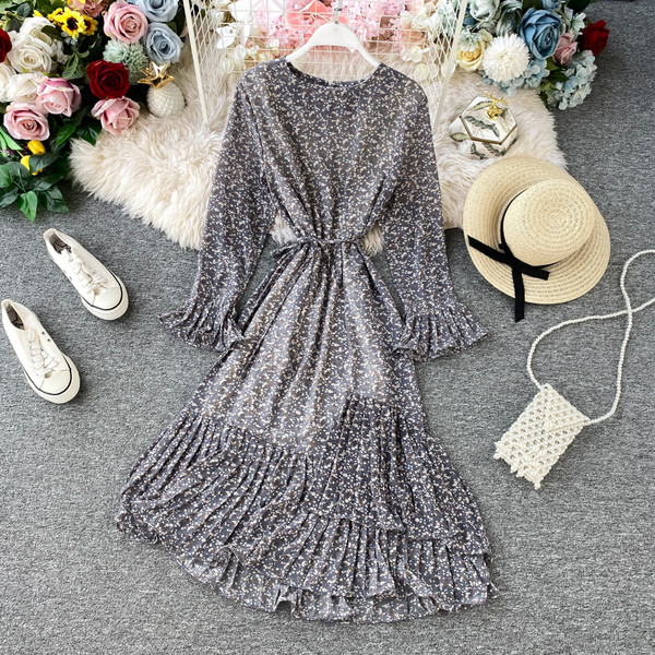 Modern női sifon ruha virágmintás, hosszú ujjú több színben