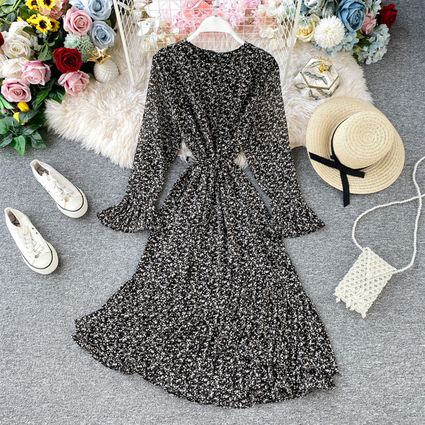 Modern női sifon ruha virágmintás, hosszú ujjú több színben