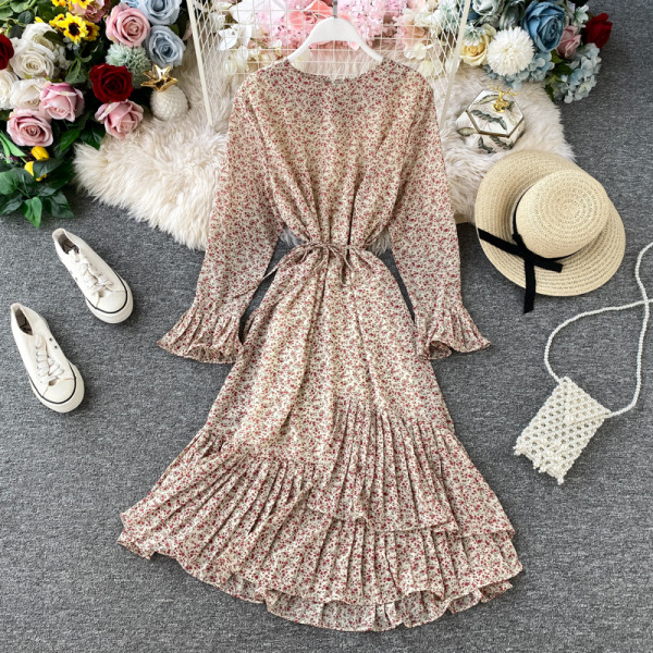 Modern női sifon ruha virágmintás, hosszú ujjú több színben