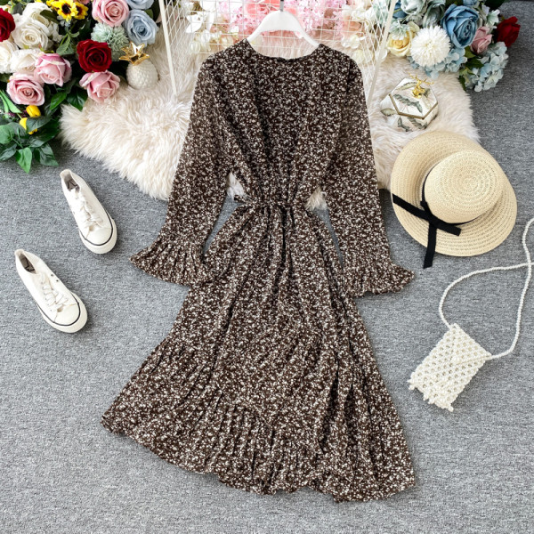 Modern női sifon ruha virágmintás, hosszú ujjú több színben